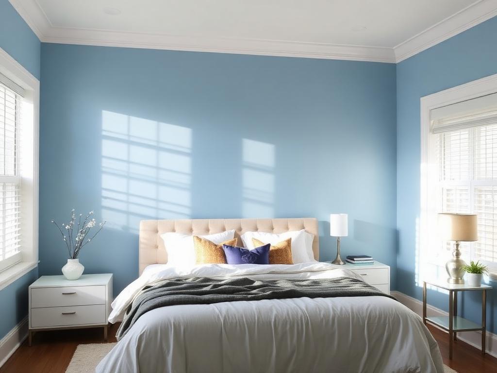 Bedroom with soft blue accent wall